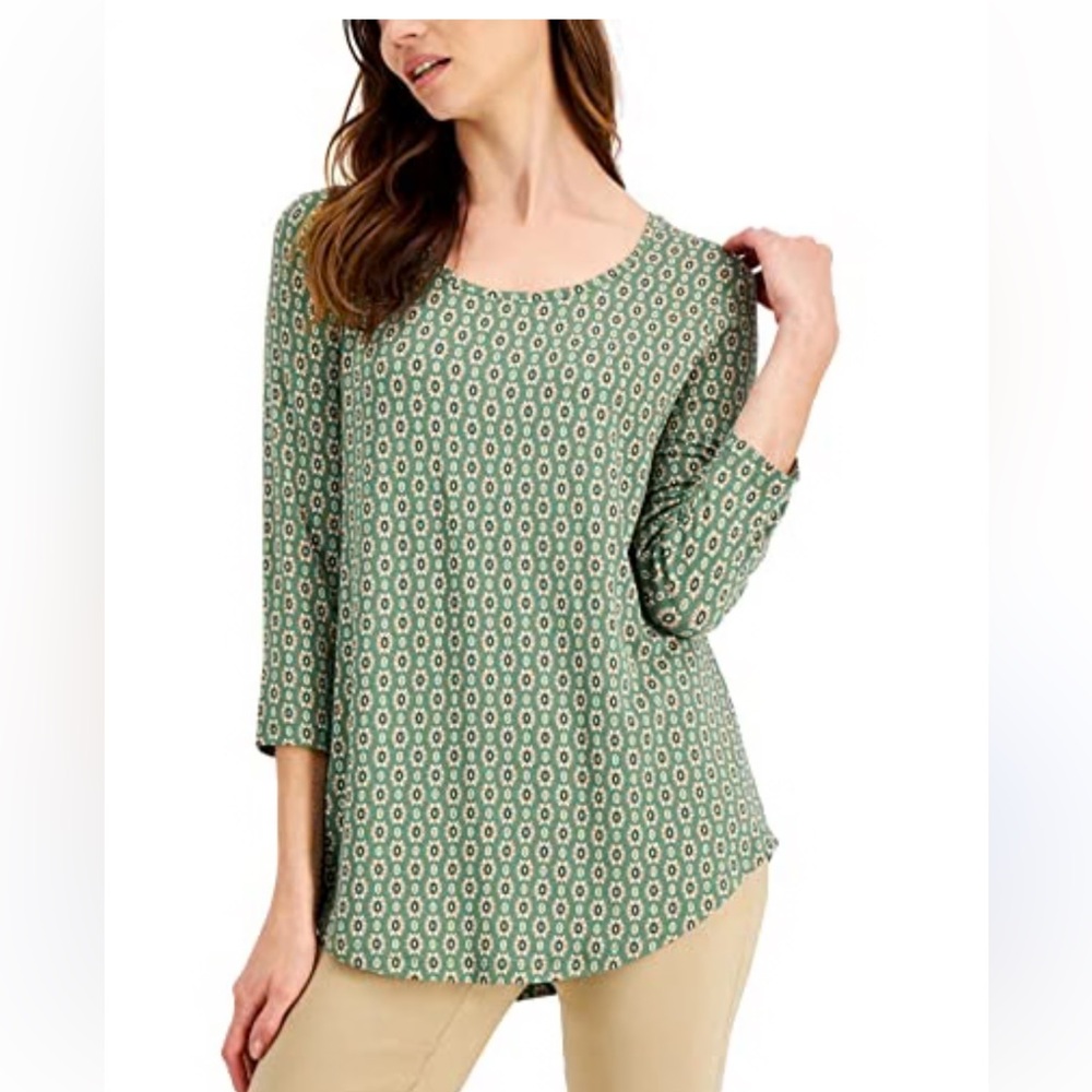 JM collection green pink floral printed 3/4 sleeve top sz Petite Large